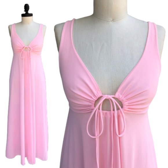 Vintage 70s Key Hole Tie Front Empire Waist Barbiecore Pink Maxi Nightgown Dress - Picture 15 of 15